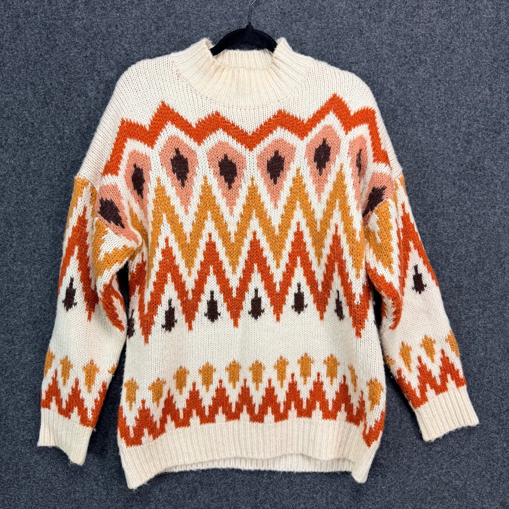 Gilded Intent by Buckle Warm Mock Neck Sweater L Cream Orange Heavy Knit Boho